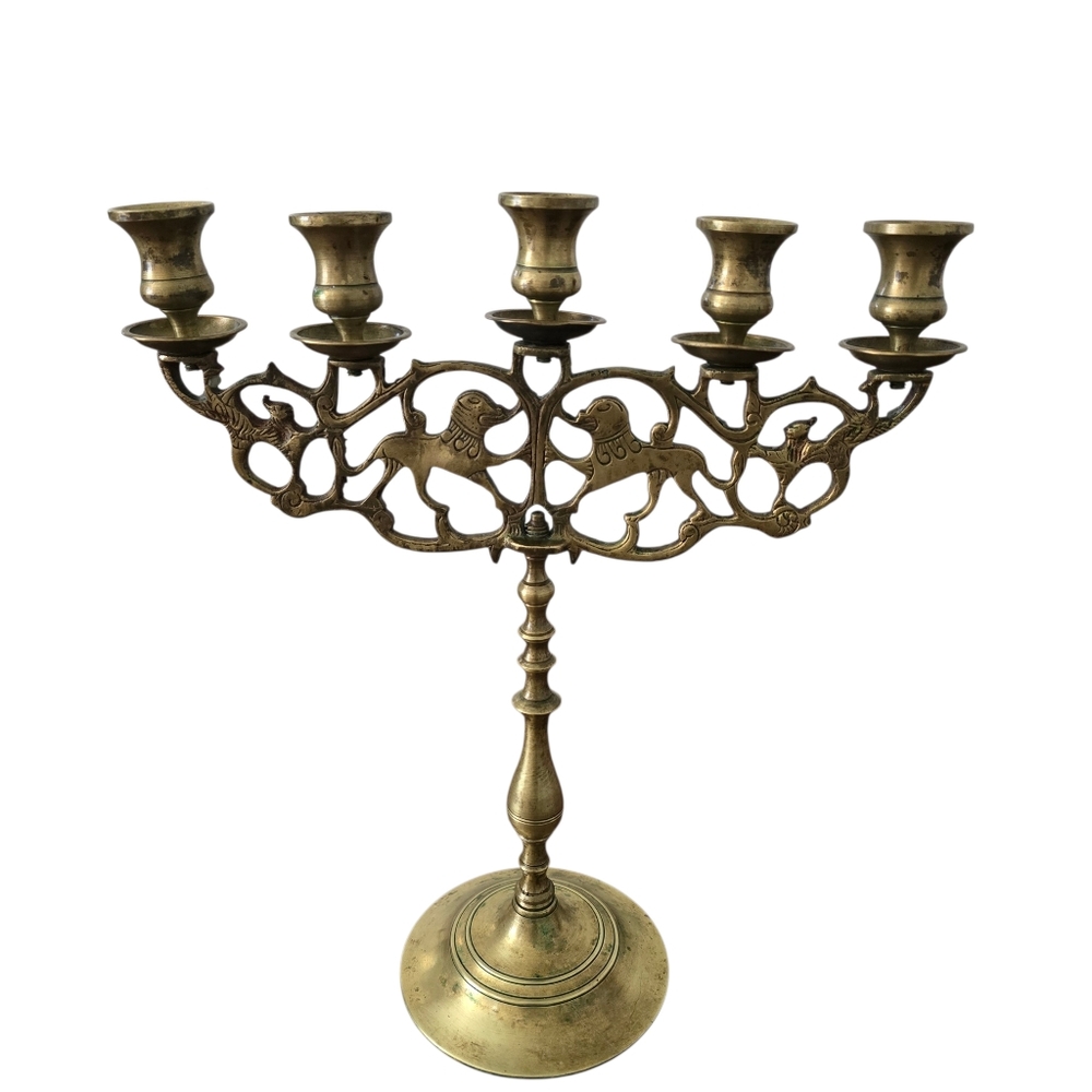 Antique Brass Five Branch Candelabra ''Lions‎ of Judah'' Judaic Candle Holder